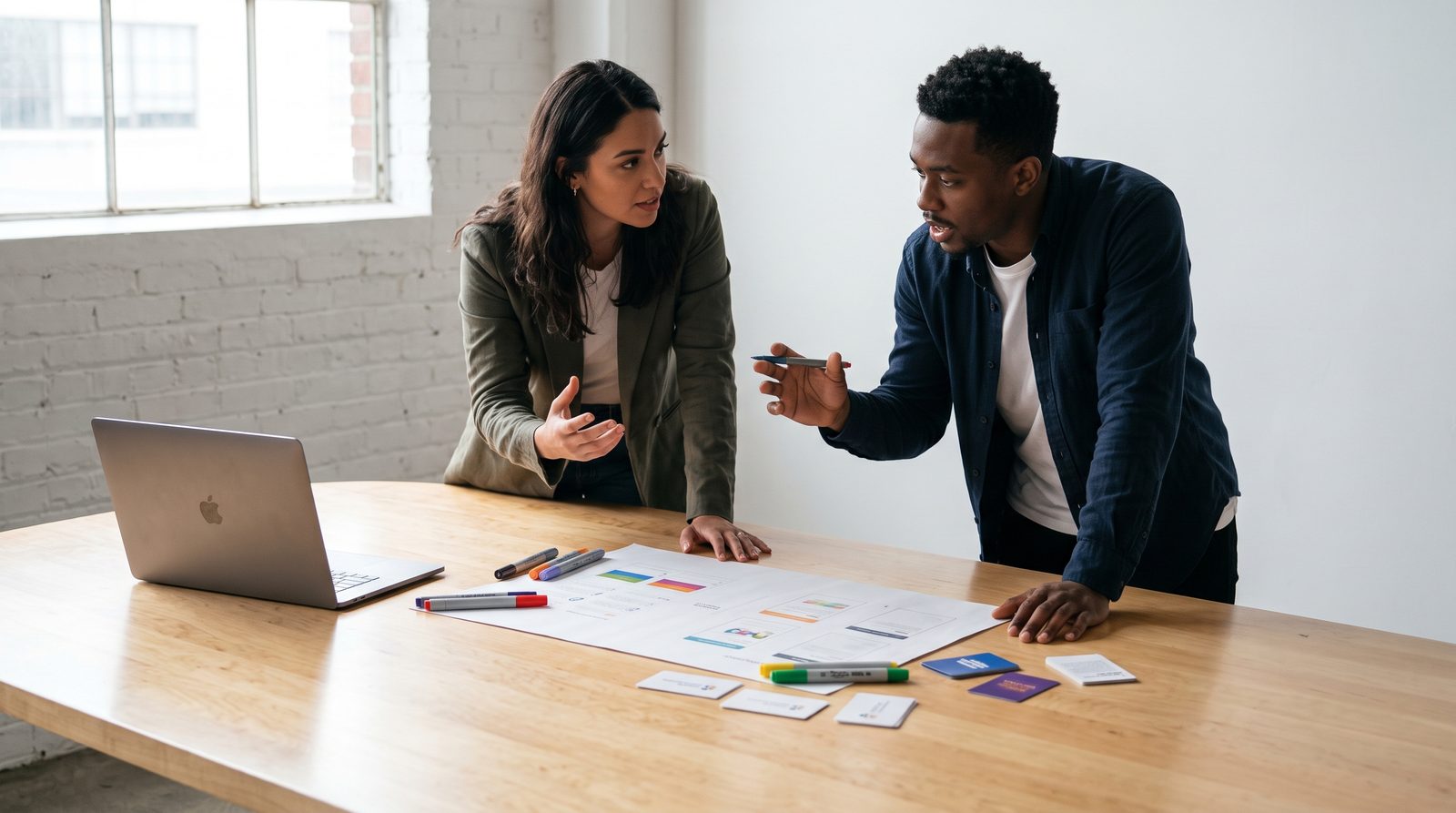 Product creators collaborating over physical cards and roadmaps with laptop pushed aside