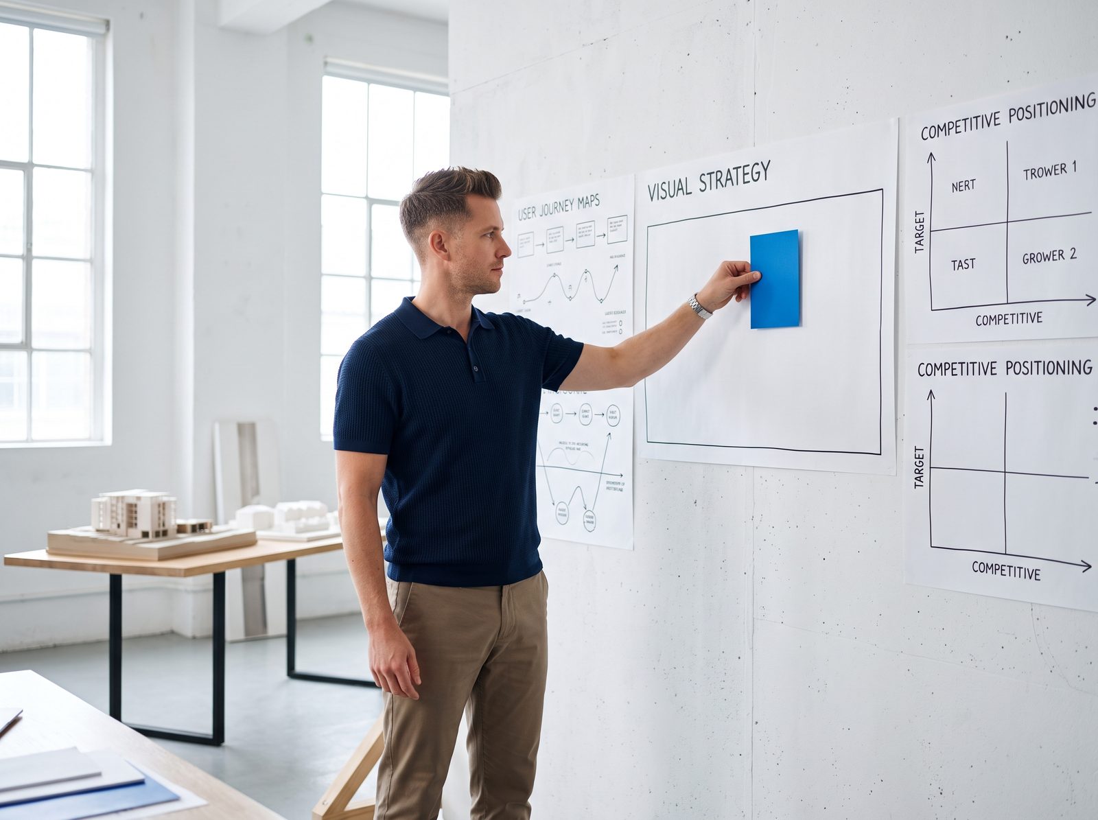 Product strategist placing a single wedge card on a strategy canvas