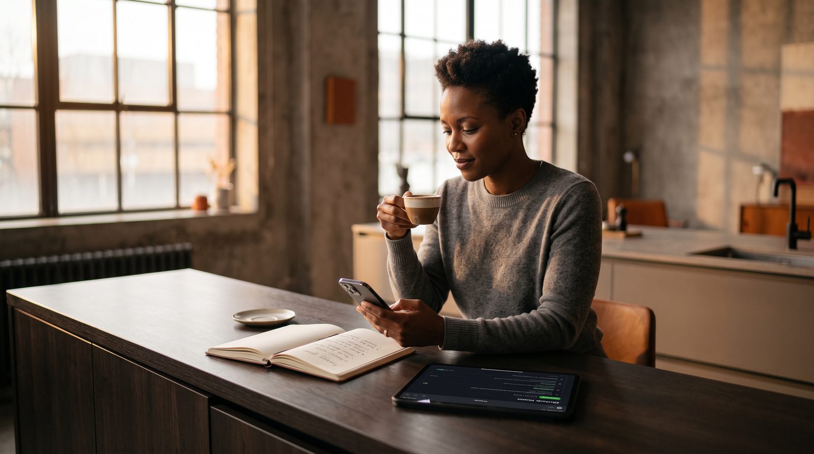 Product lead casually reviewing an issue notification on phone over coffee